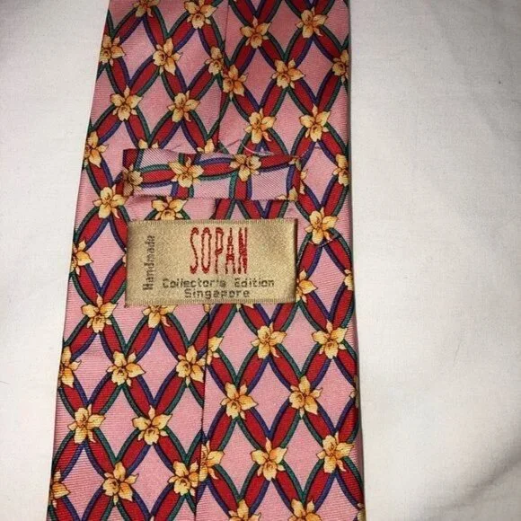 Mens Tie Vintage Pink Red Floral Silk Tie Handmade Singapore - Picture 3 of 8